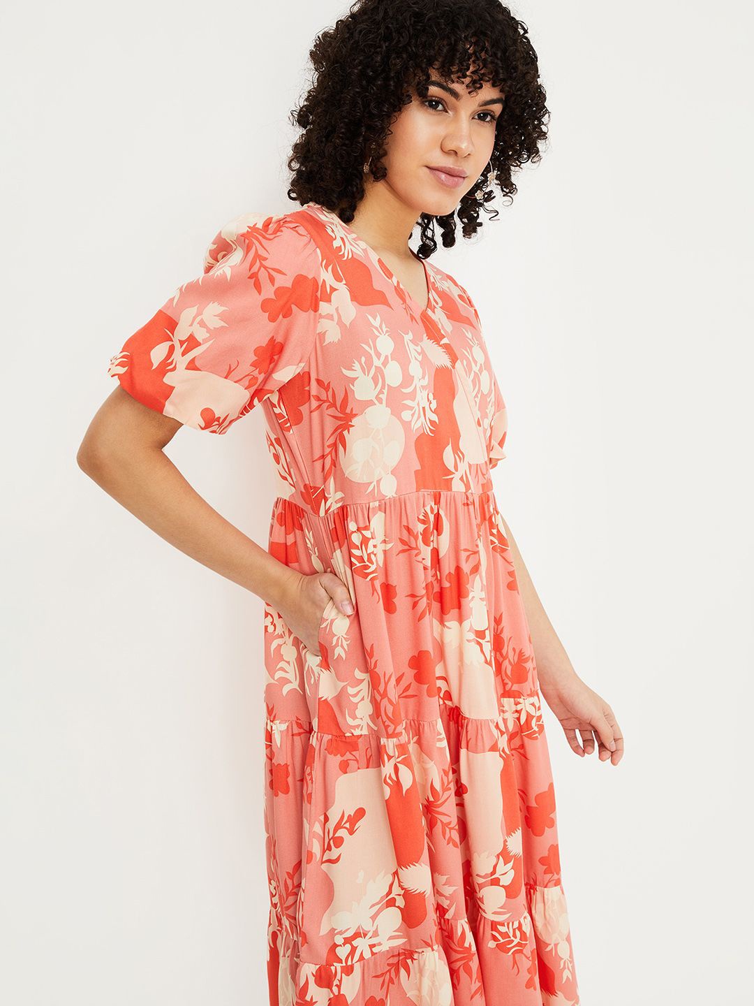 

max Floral Printed Puff Sleeve Fit & Flare Midi Dress, Orange