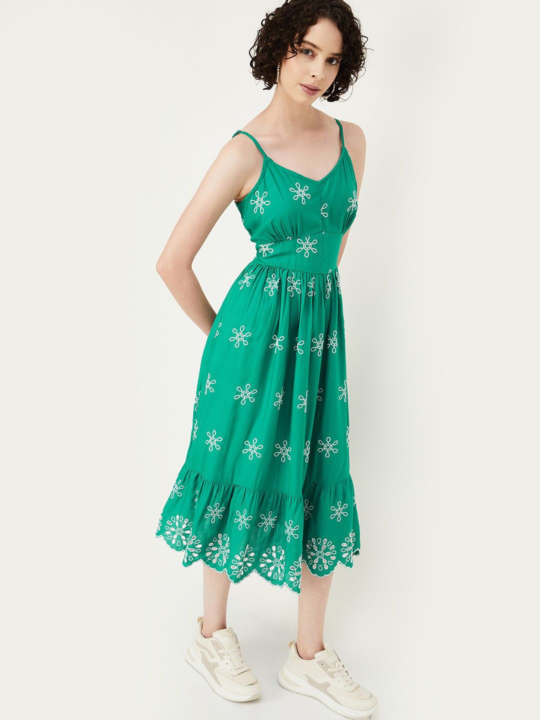 

max Women Floral Embroidered Sleeveless Fit & Flare Midi Dress, Green