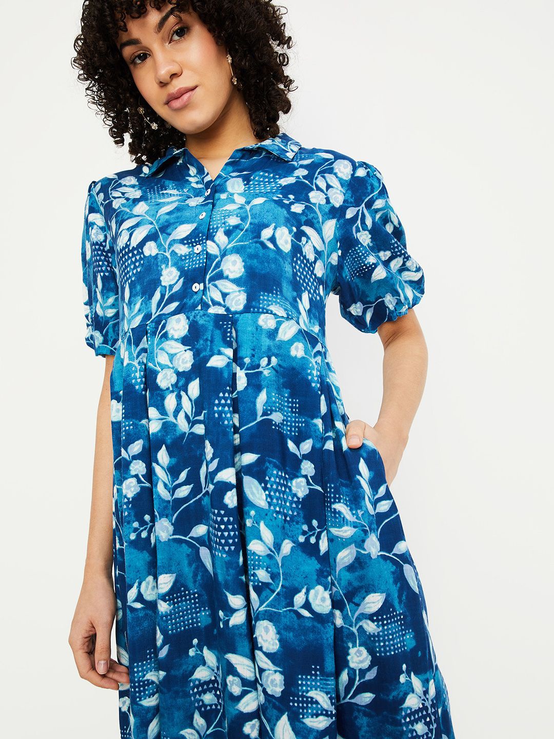 

max Floral Print Shirt Midi Dress, Blue