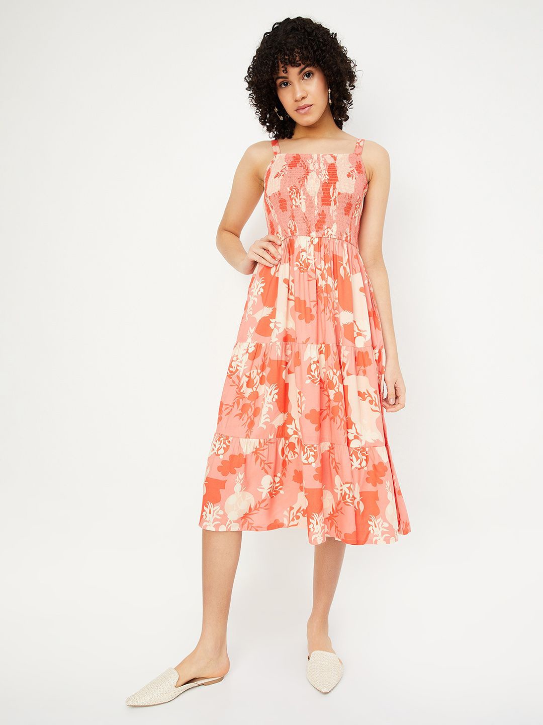 

max Floral Print Fit & Flare Midi Dress, Orange