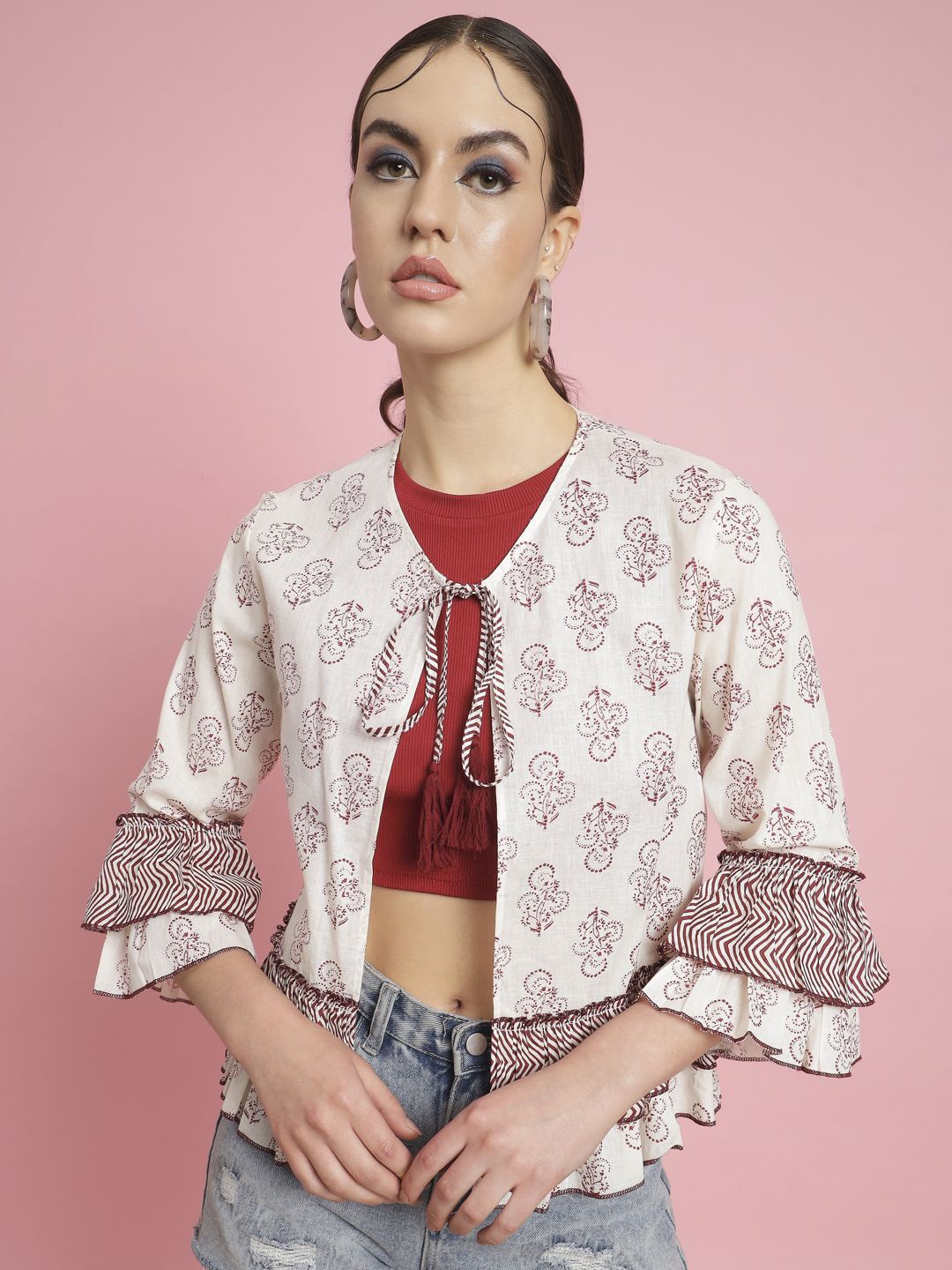 

TANDUL Ethnic Printed Tie-Up Neck Cotton Crop Top, Off white