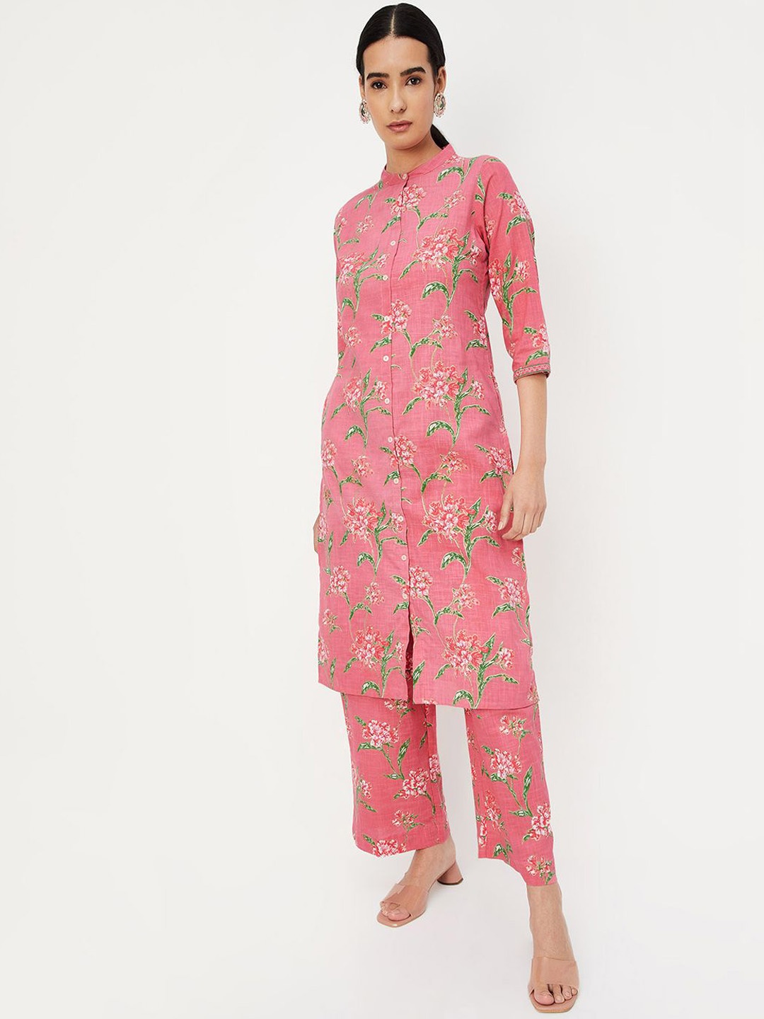 

max Floral Printed Mandarin Collar Straight Kurta with Trousers, Pink