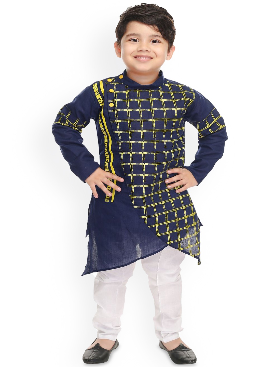 

BAESD Boys Checked Band Collar A-Line Kurta With Churidar, Navy blue