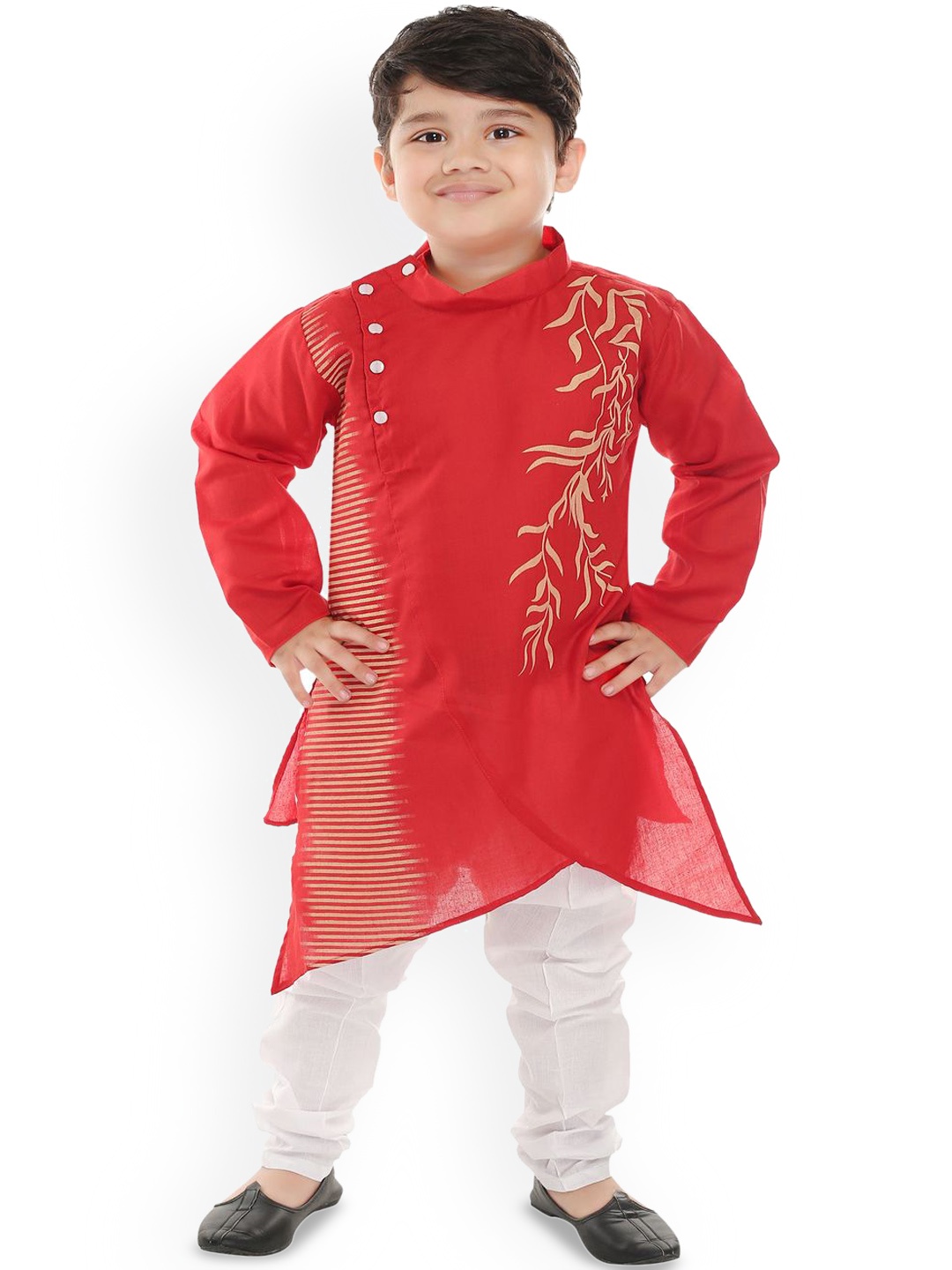 

BAESD Boys Ethnic Motifs Printed Mandarin Collar A-Line Kurta With Churidar, Red