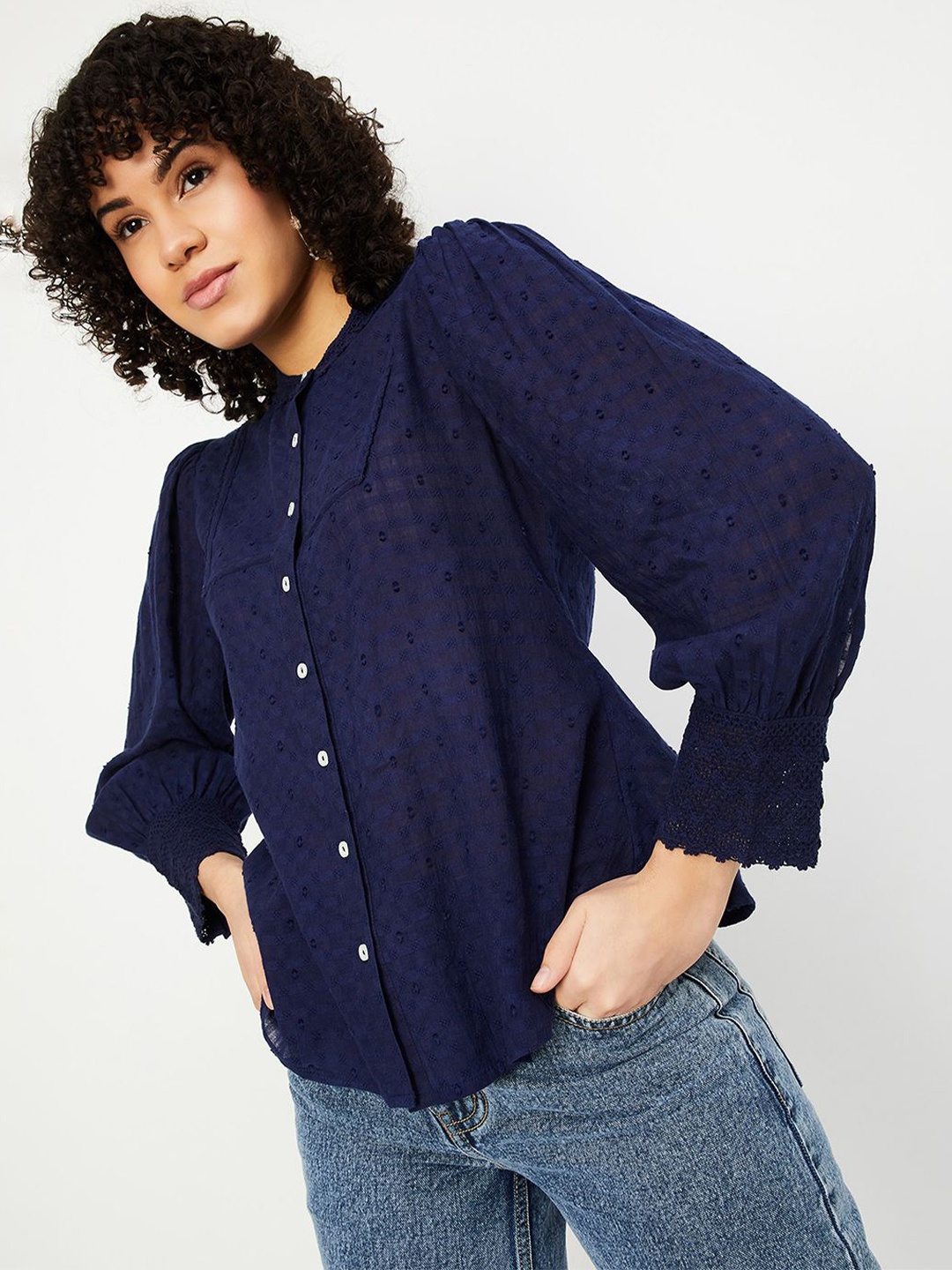 

max Print Cotton Shirt Style Top, Navy blue