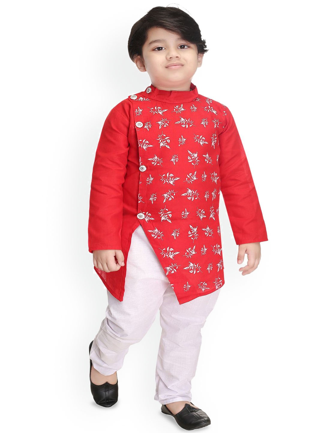 

BAESD Boys Ethnic Motifs Printed Band Collar Kurta With Trousers, Red