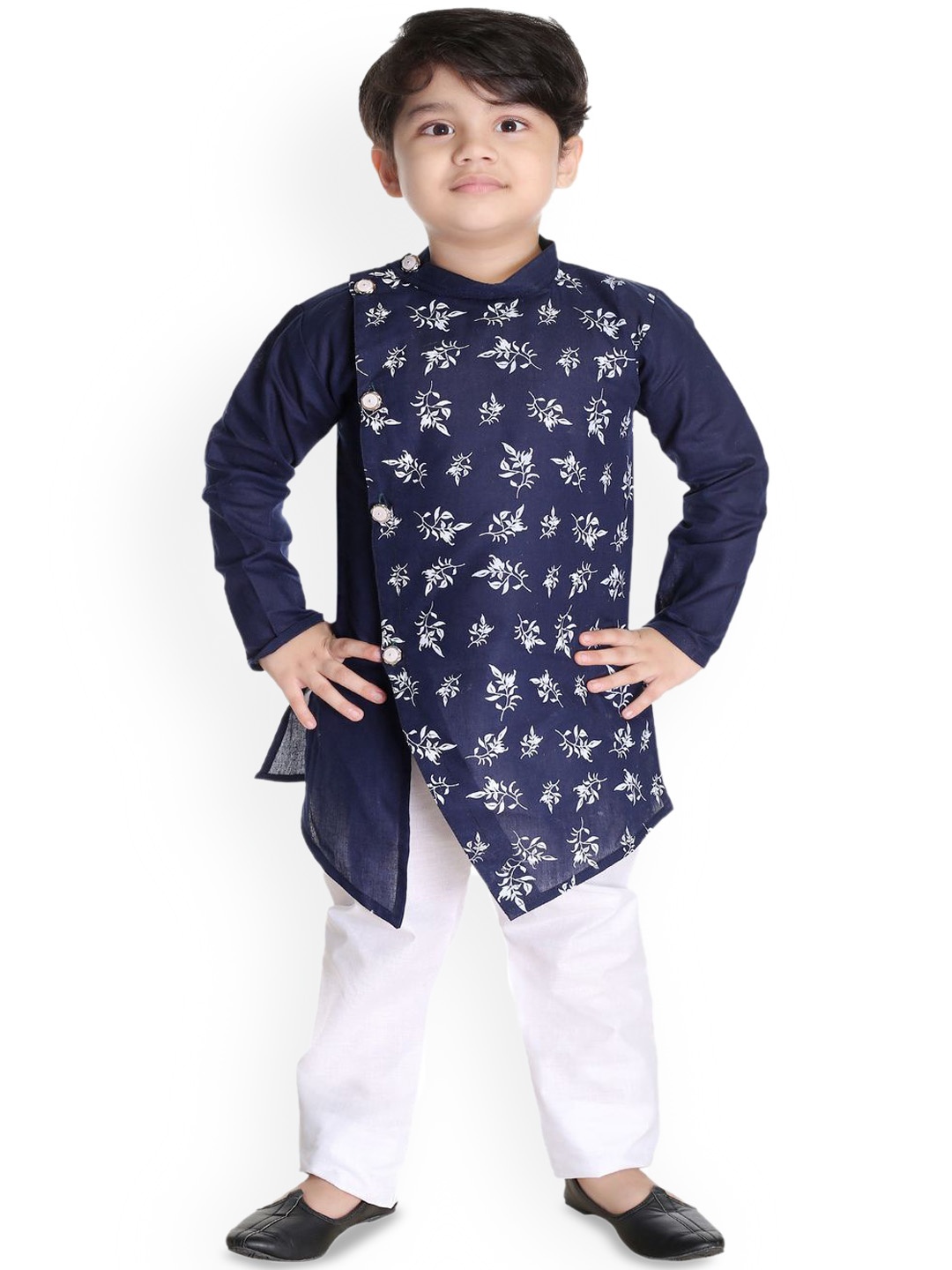 

BAESD Boys Floral Printed Band Collar Kurta With Trousers, Navy blue