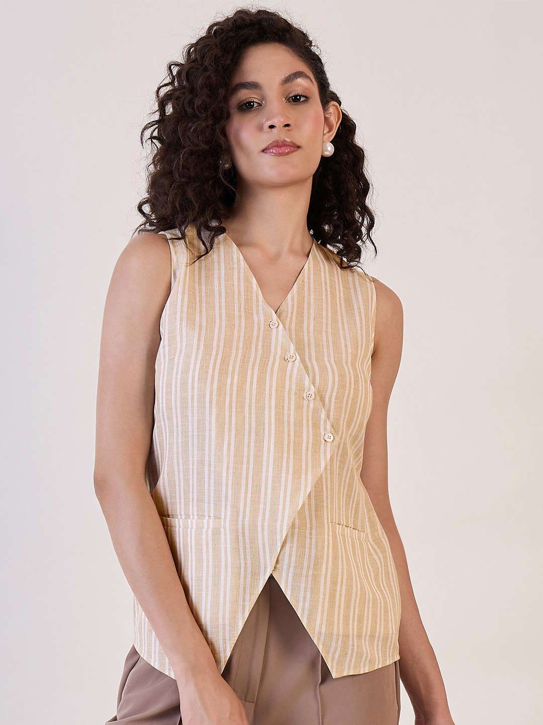 

PowerSutra Striped Cotton Sleeveless Wrap Top, Beige