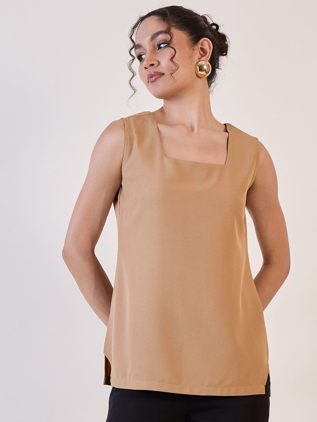 

PowerSutra Women Square Neck Side Slit Top, Beige