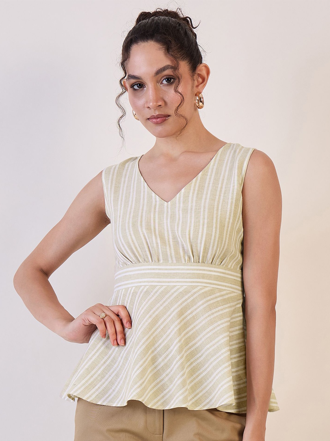 

PowerSutra Women V-Neck Striped Cotton Peplum Top, Beige
