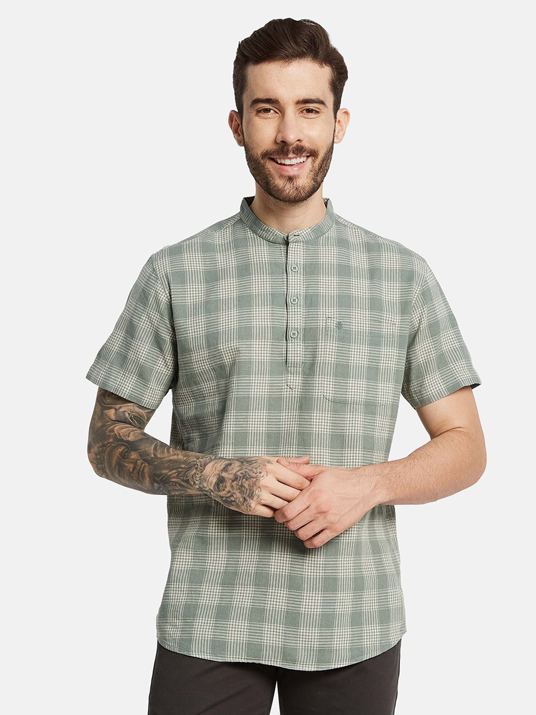 

METTLE Men Opaque Checked Pure Cotton Casual Shirt, Green