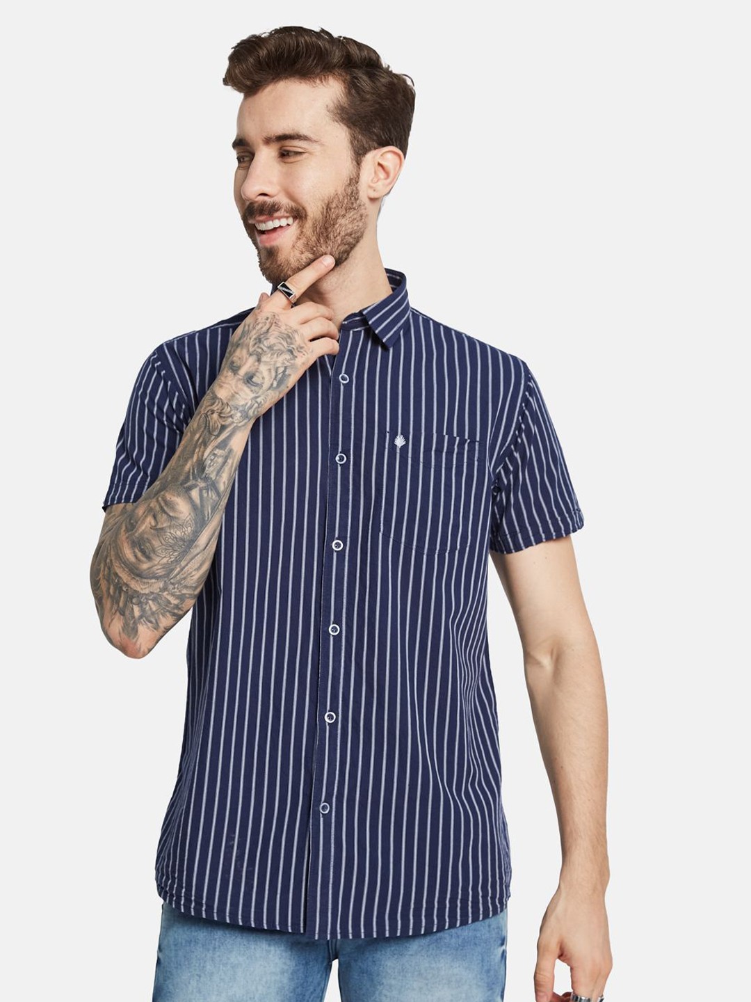 

METTLE Men Opaque Striped Casual Shirt, Navy blue