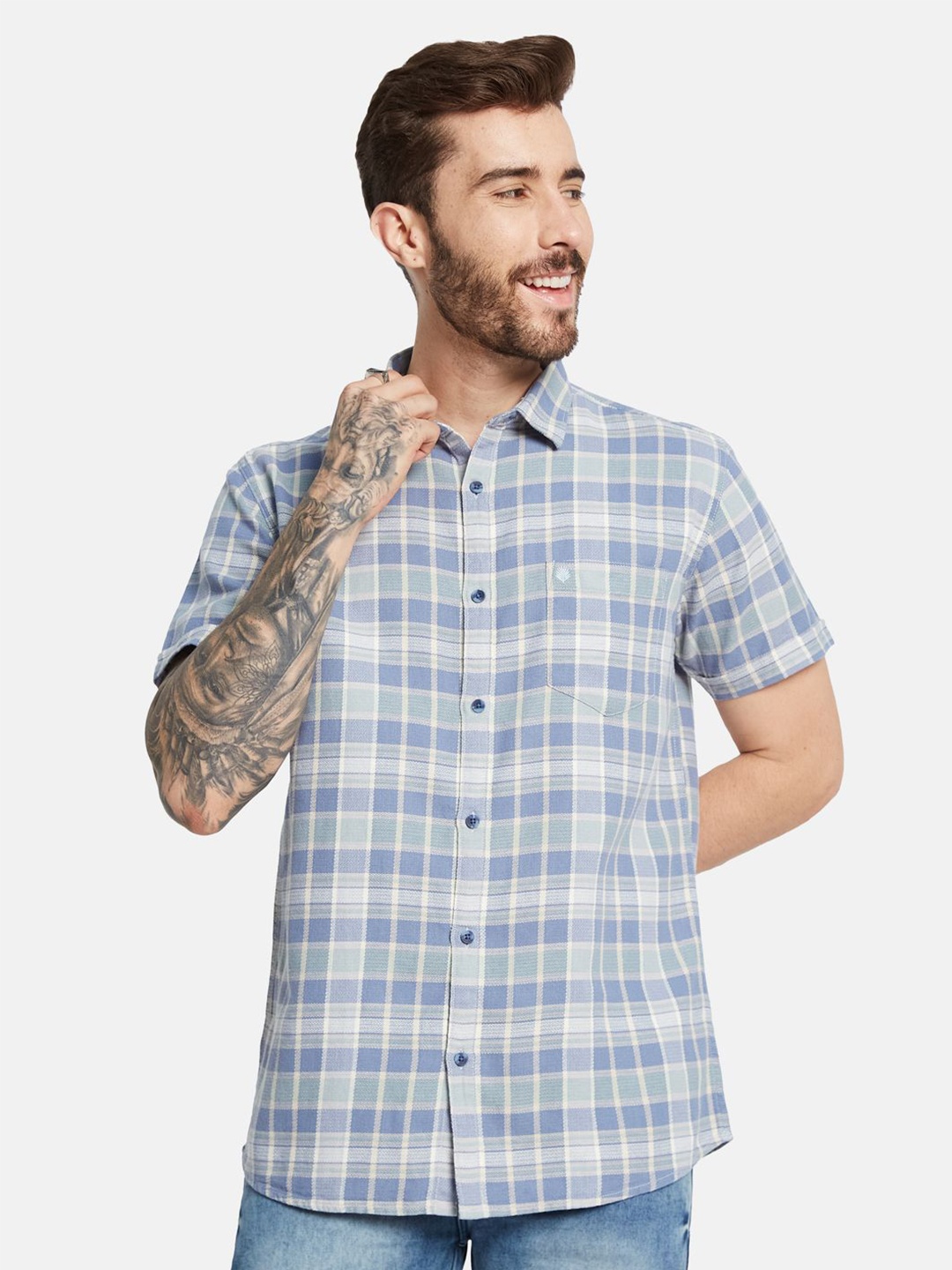 

METTLE Men Tartan Checks Opaque Checked Casual Shirt, Blue