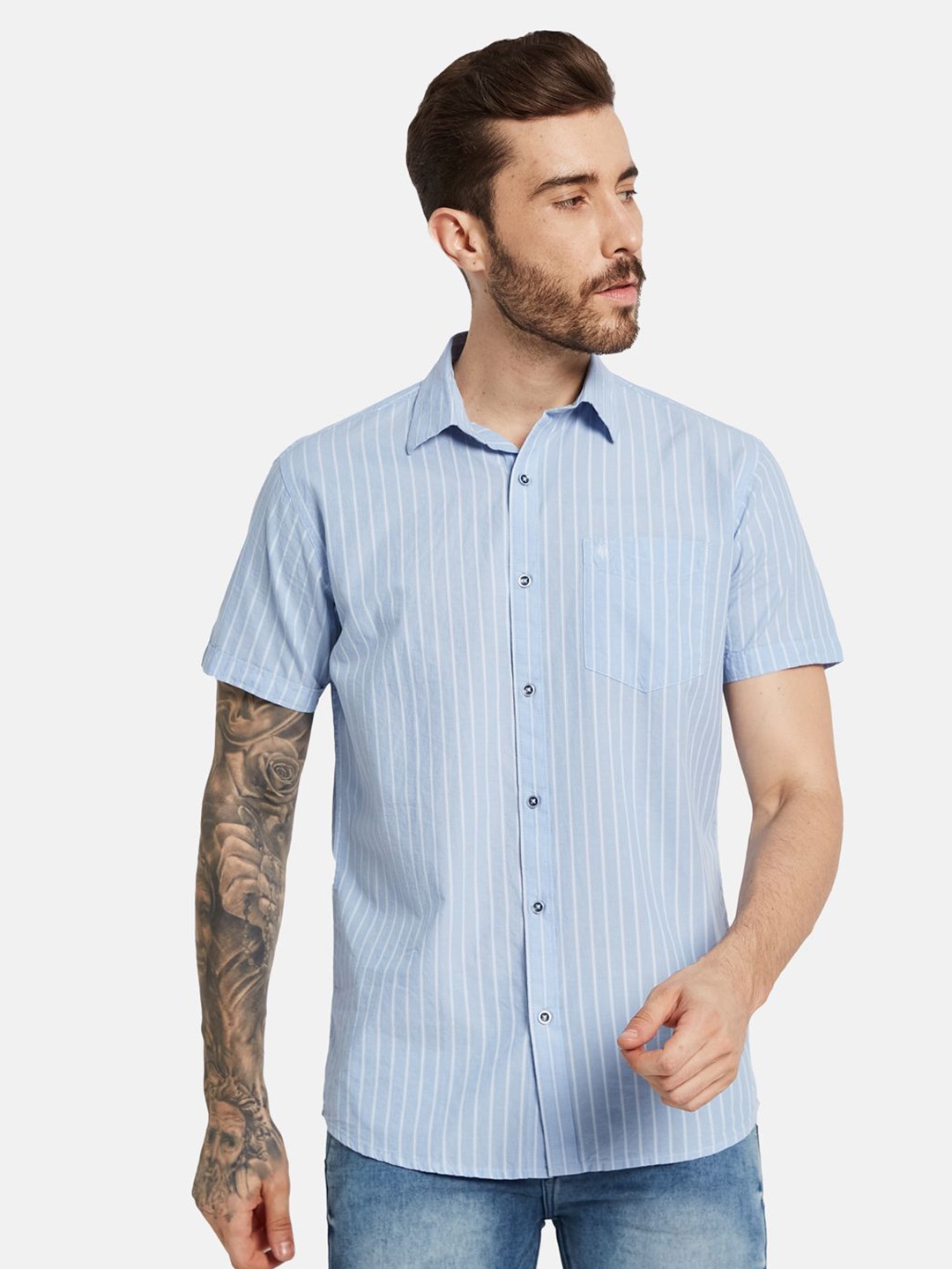 

METTLE Men Opaque Striped Pure Cotton Casual Shirt, Blue