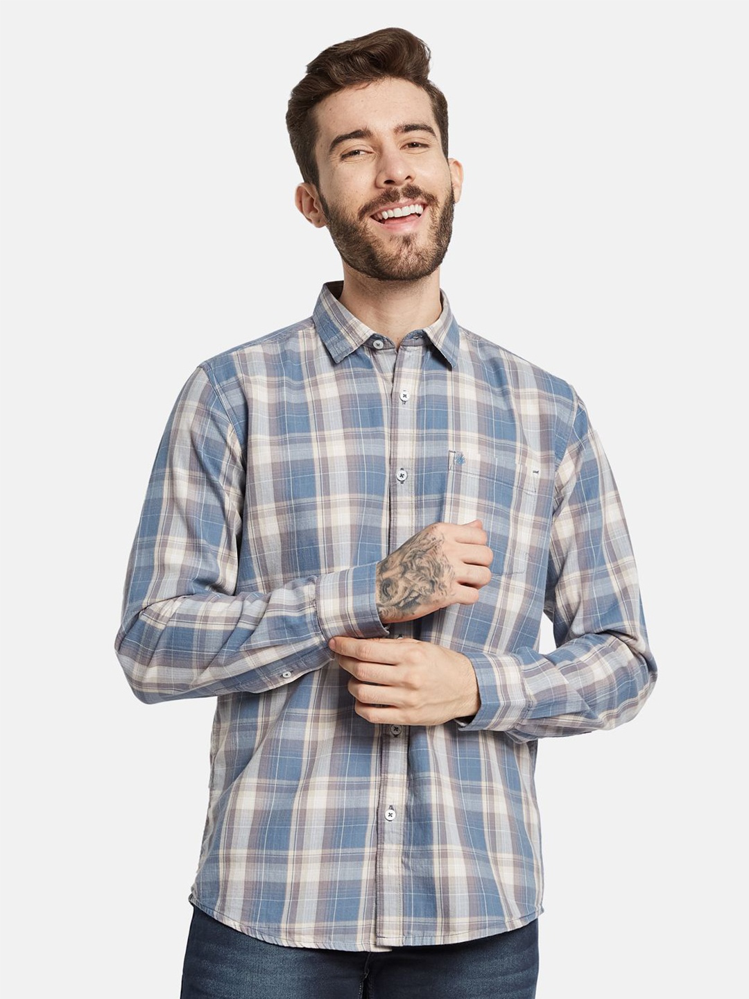 

METTLE Men Opaque Checked Pure Cotton Shirt, Blue