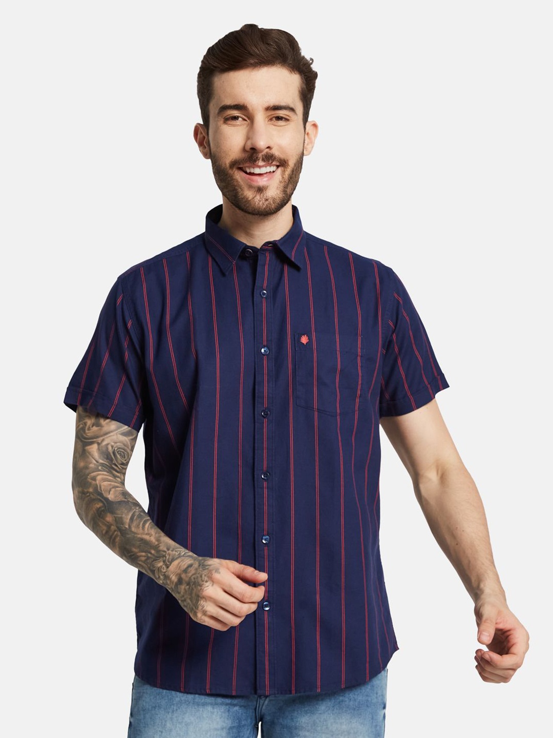 

METTLE Men Opaque Striped Casual Shirt, Blue