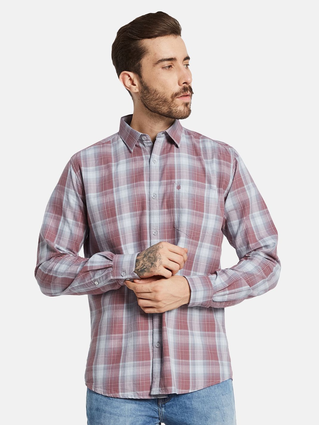 

METTLE Men Tartan Checks Opaque Checked Casual Shirt, Peach