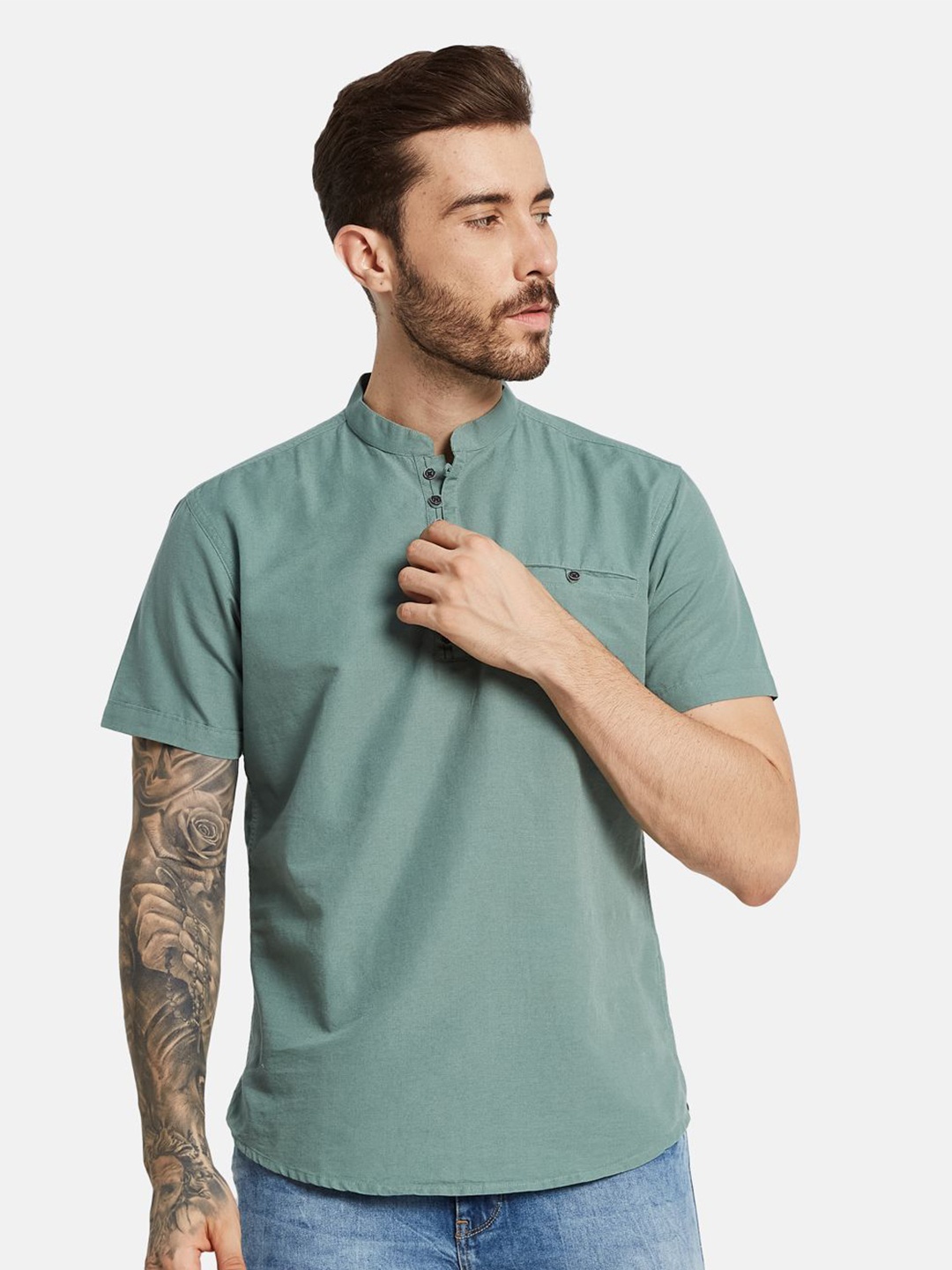 

METTLE Men Opaque Pure Cotton Casual Shirt, Green