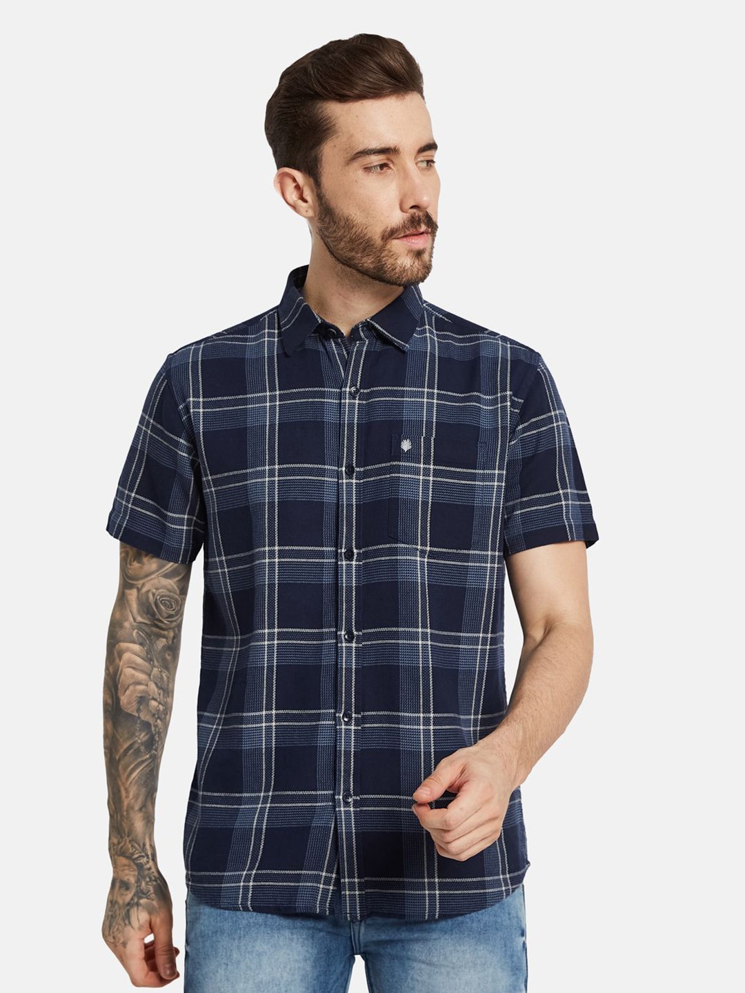 

METTLE Men Tartan Checks Opaque Checked Pure Cotton Casual Shirt, Navy blue