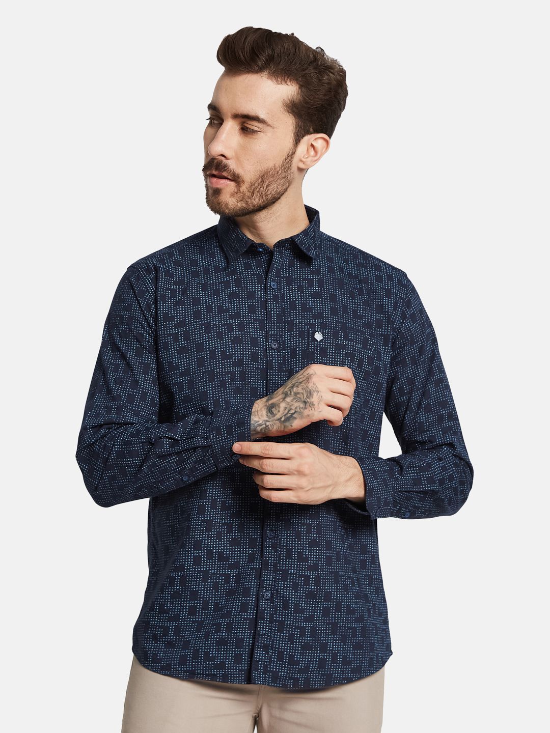 

METTLE Men Geometric Printed Opaque Casual Shirt, Navy blue