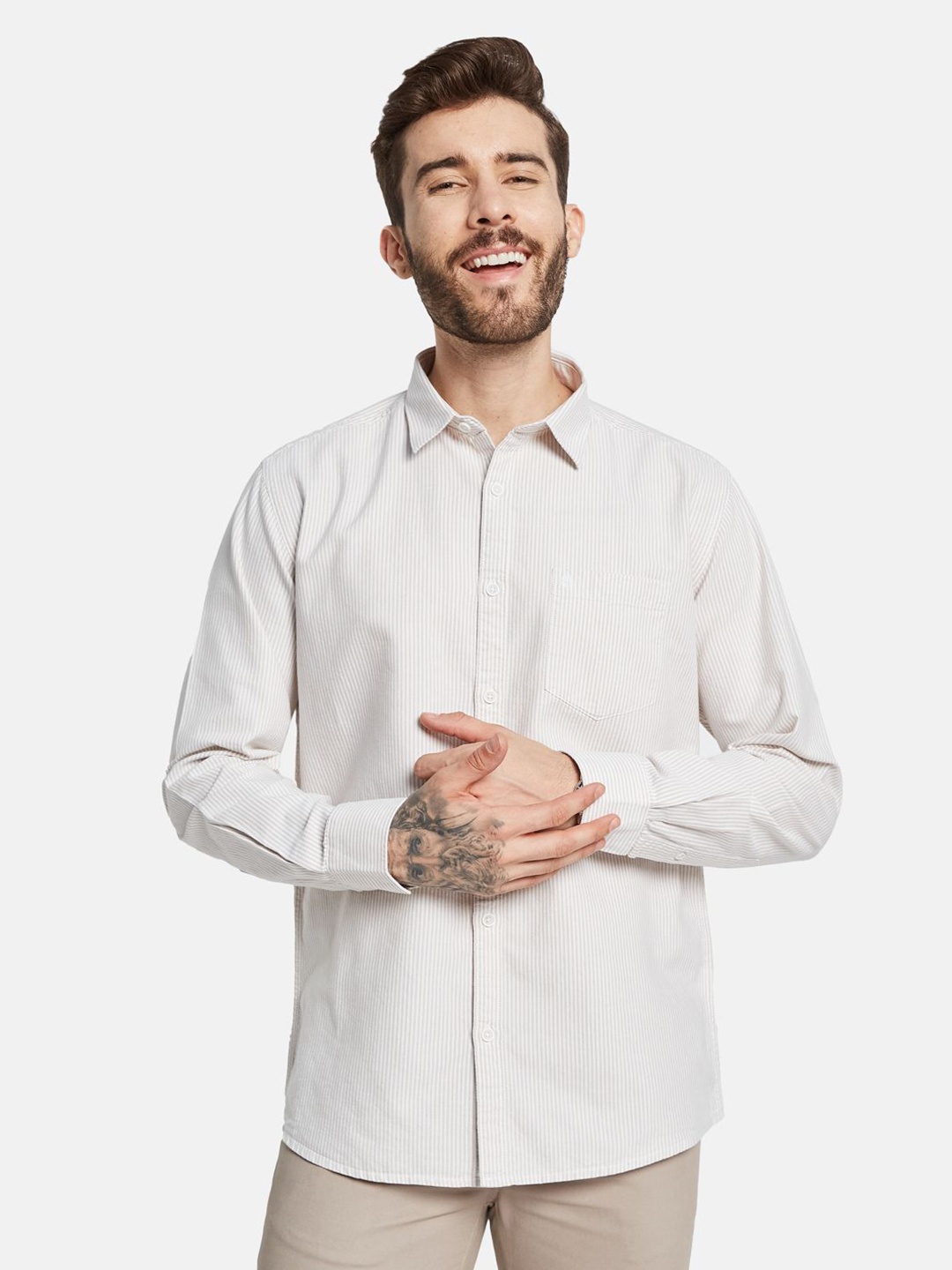

METTLE Men Opaque Casual Shirt, Cream