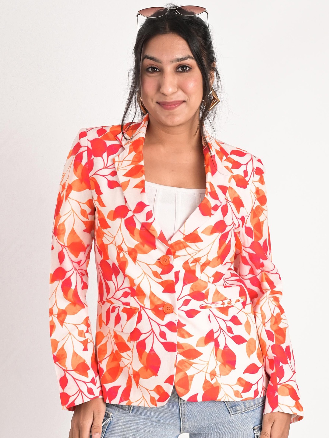 

KIZI Leaf Printed Slim-Fit Single-Breasted Blazer, Orange