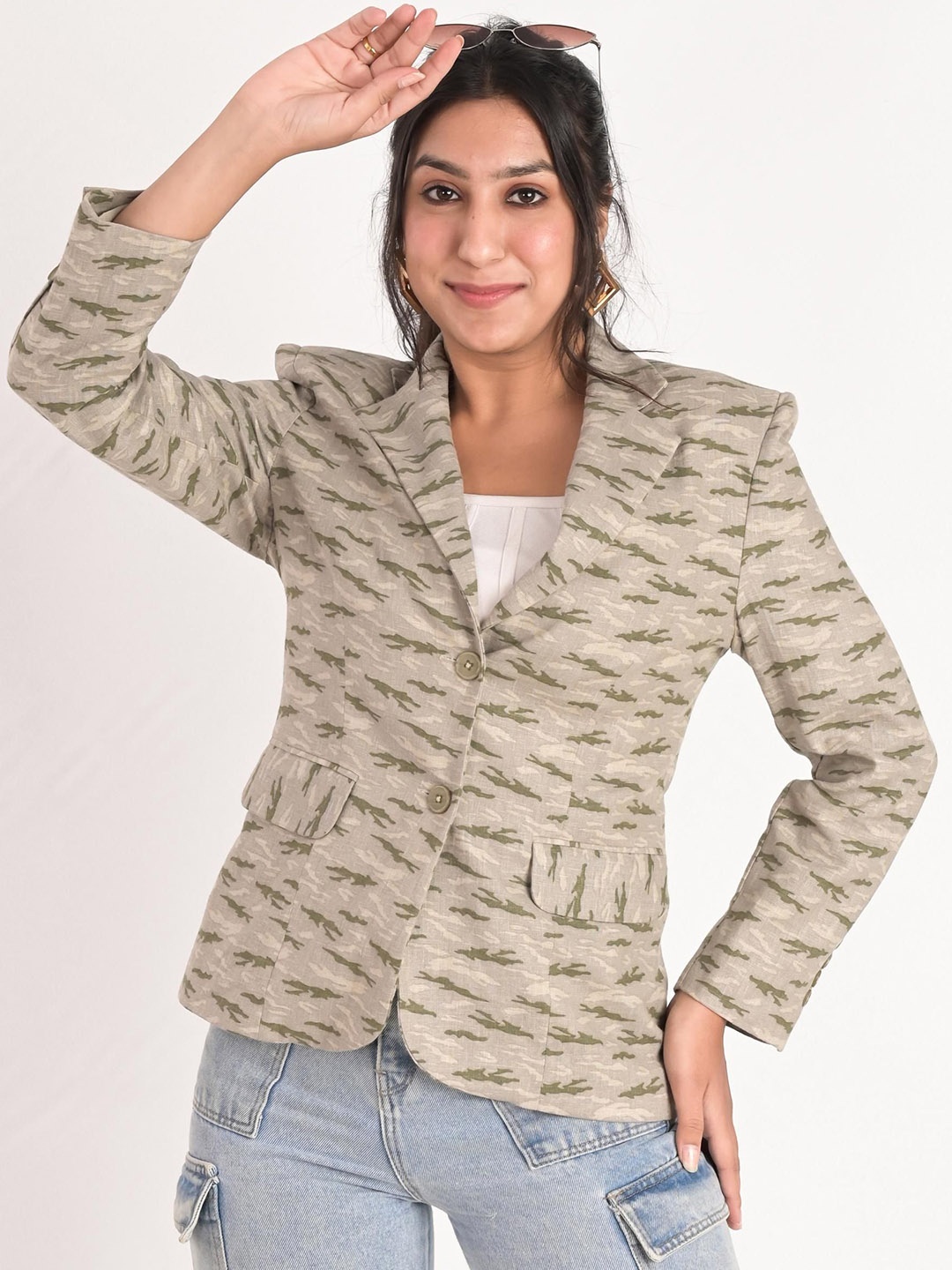

KIZI Printed Slim-Fit Single-Breasted Blazer, Green