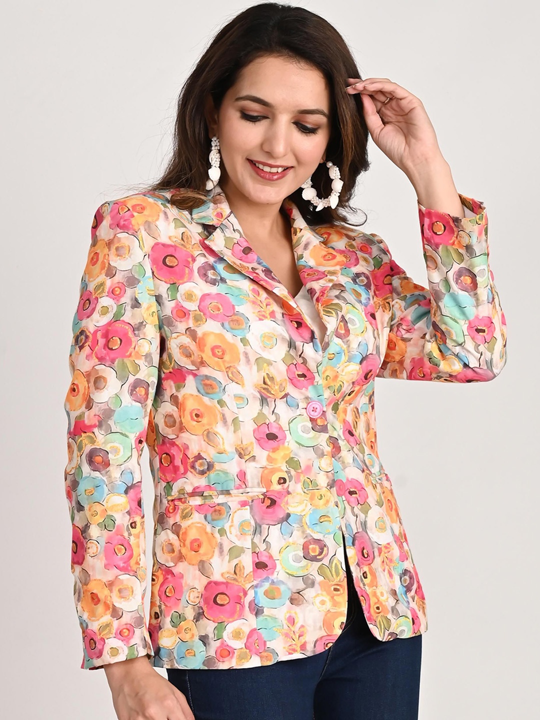 

KIZI Printed Slim-Fit Single-Breasted Blazer, Pink