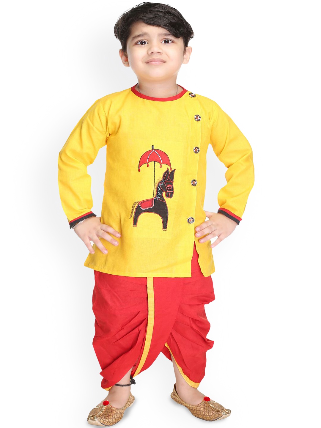

BAESD Boys Embroidered Thread Work Kurta With Dhoti Pants, Yellow