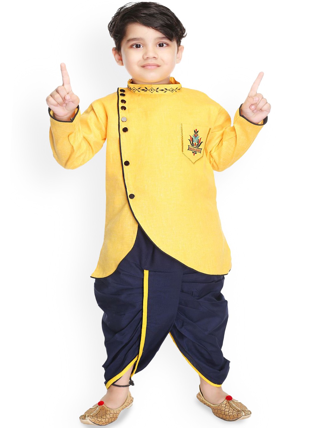 

BAESD Boys Floral Embroidered Angrakha Kurta With Dhoti Pants, Yellow