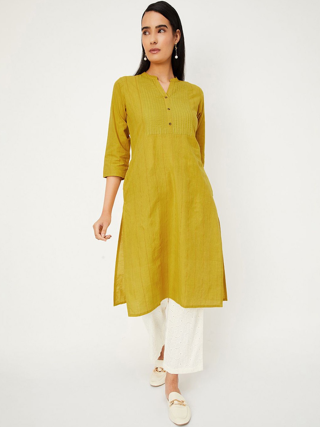 

max Striped Woven Design Mandarin Collar Cotton A-Line Kurta, Yellow