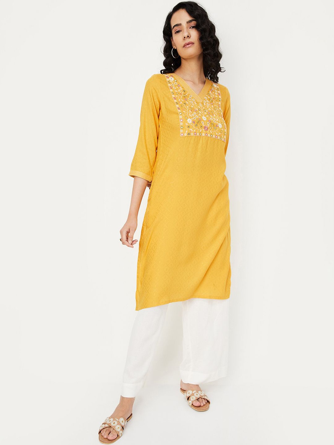 

max Geometric Woven Design Thread Work A-Line Kurta, Yellow