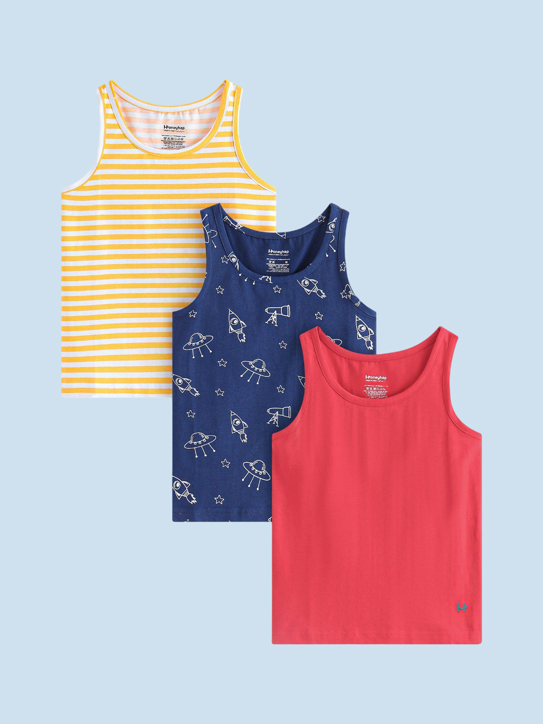 

Honeyhap Boys Round Neck 3Pcs Printed Sleeveless Innerwear Vests- 16151667, Yellow