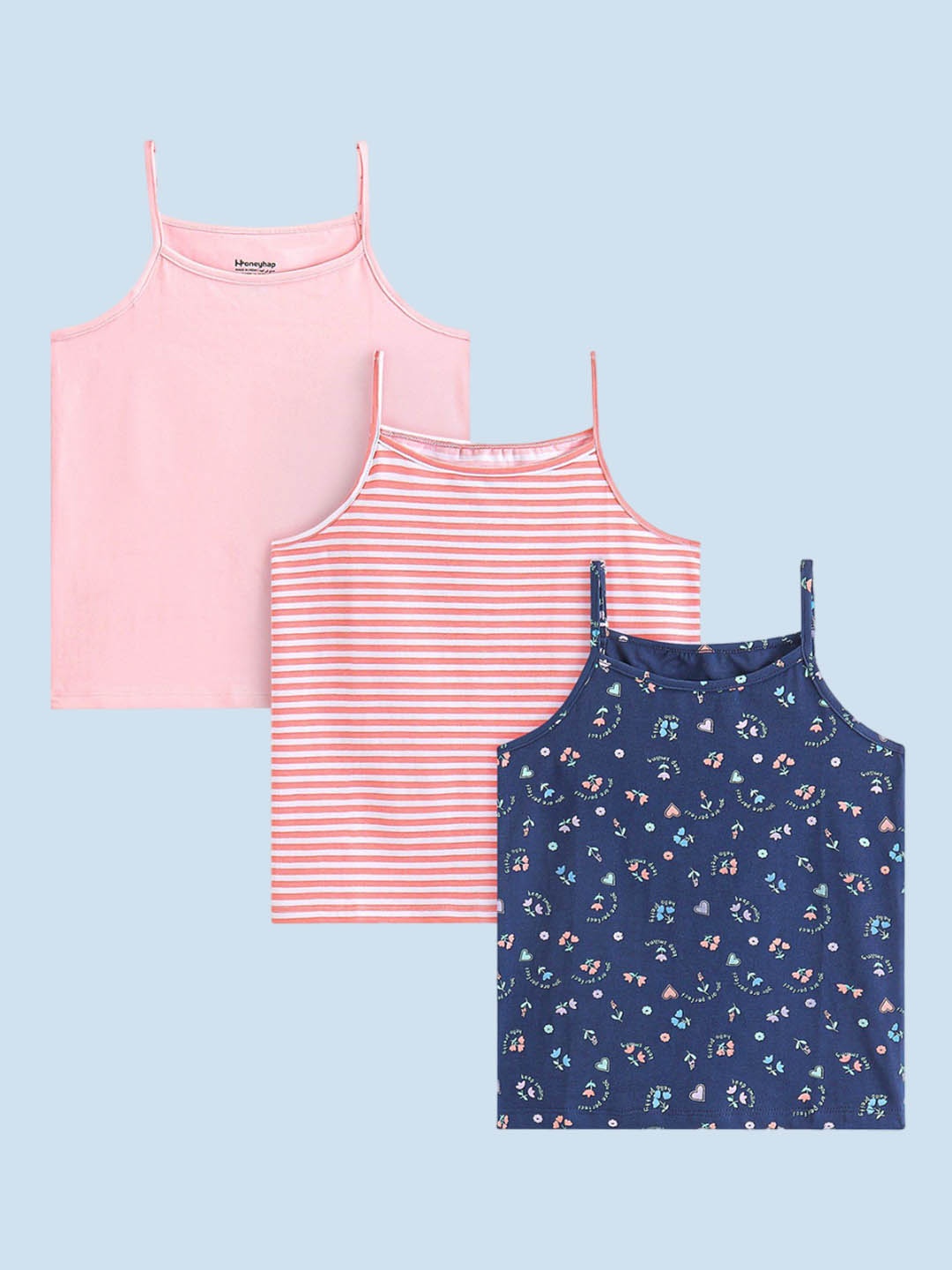 

Honeyhap Girls Pack Of 3 Printed Camisoles, Navy blue