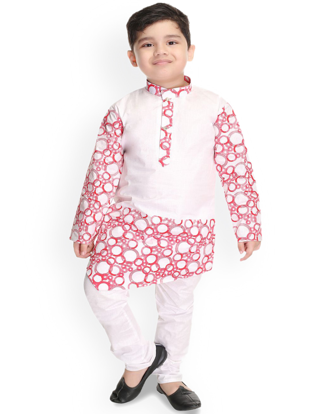 

BAESD Boys Geometric Printed Band Collar Kurta With Trousers, Red