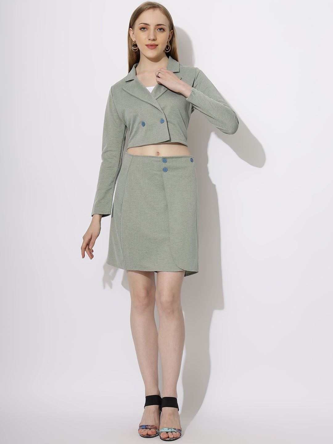 

WESTHOOD Lapel Collar Crop Blazer With Mini Skirt, Sea green