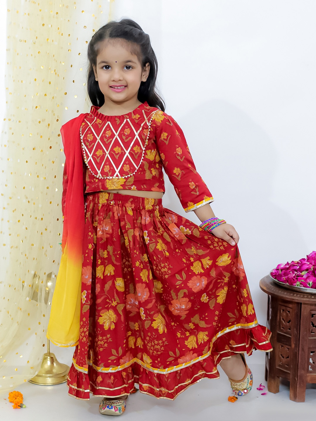 

KID1 Girls Printed Gotta Patti Cotton Ready to Wear Lehenga & Blouse With Dupatta, Maroon