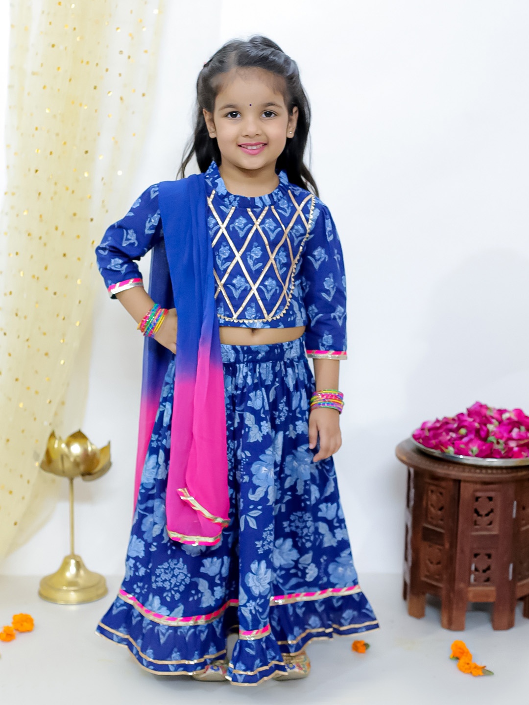 

KID1 Girls Printed Gotta Patti Cotton Ready to Wear Lehenga & Blouse With Dupatta, Navy blue