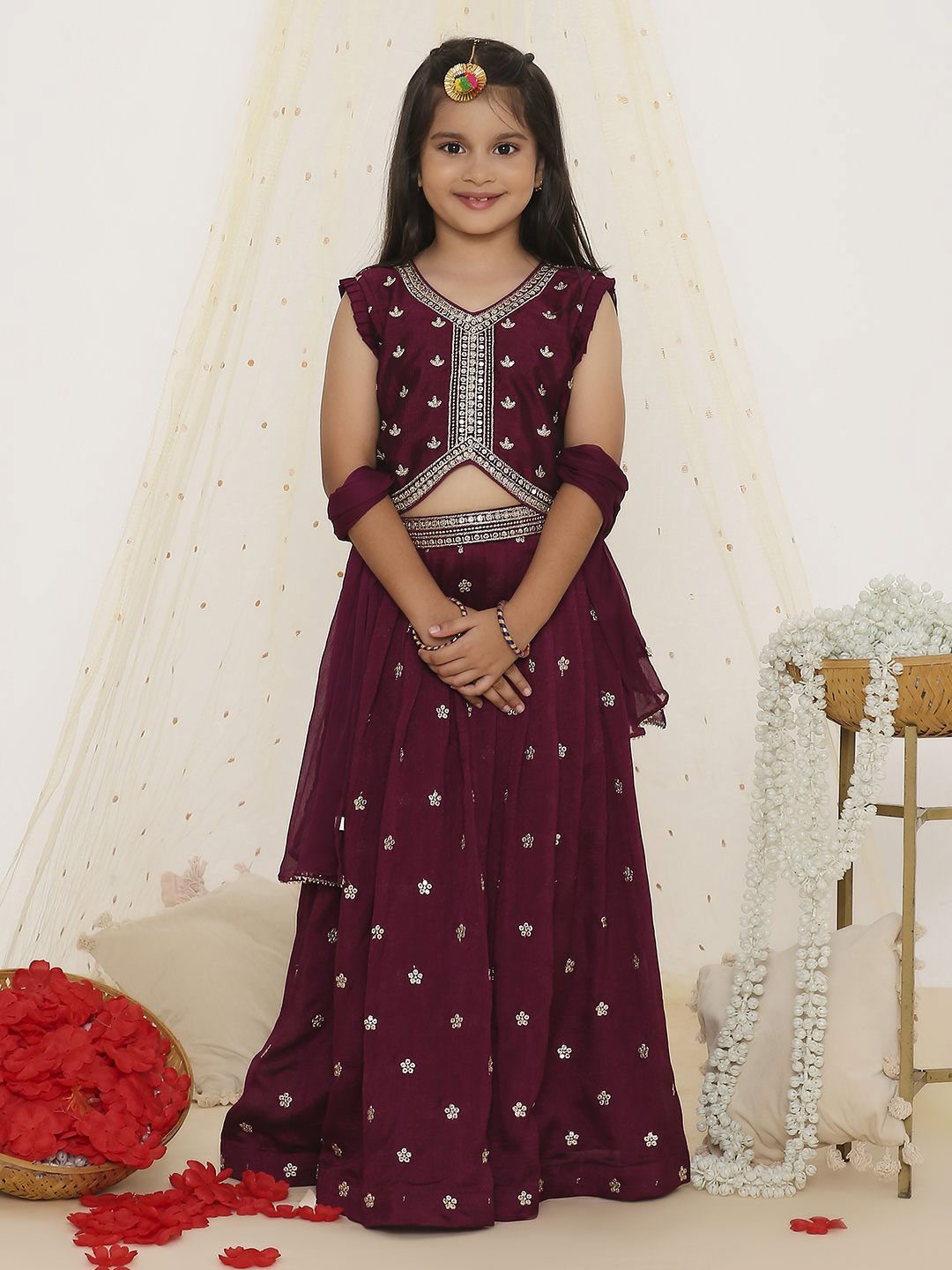 

KID1 Girls Embroidered Mirror Work Silk Ready to Wear Lehenga & Blouse With Dupatta, Purple