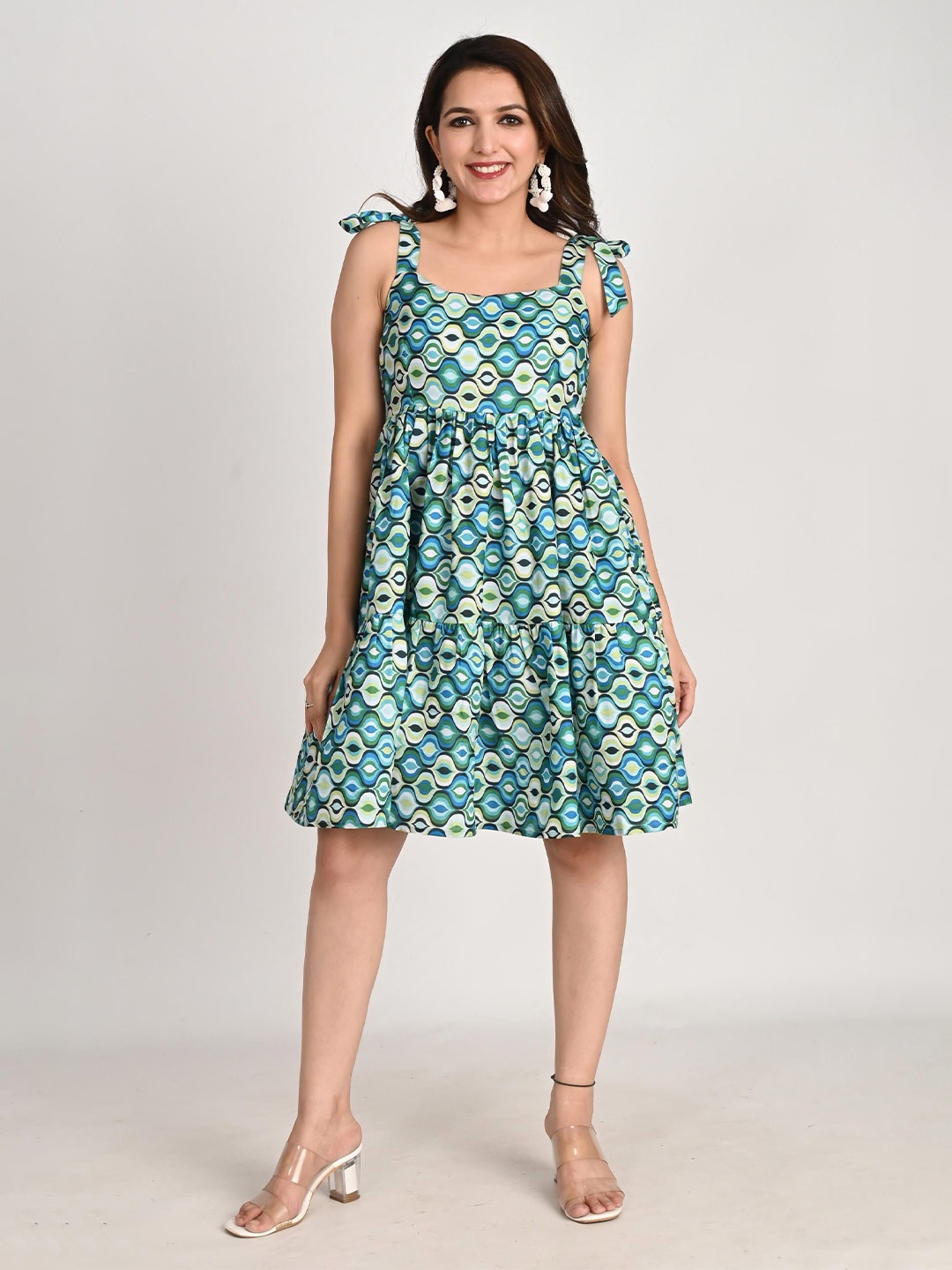 

KIZI Print Women gathered Fit & Flare Dress with tiers & tie up on shoulders, Green