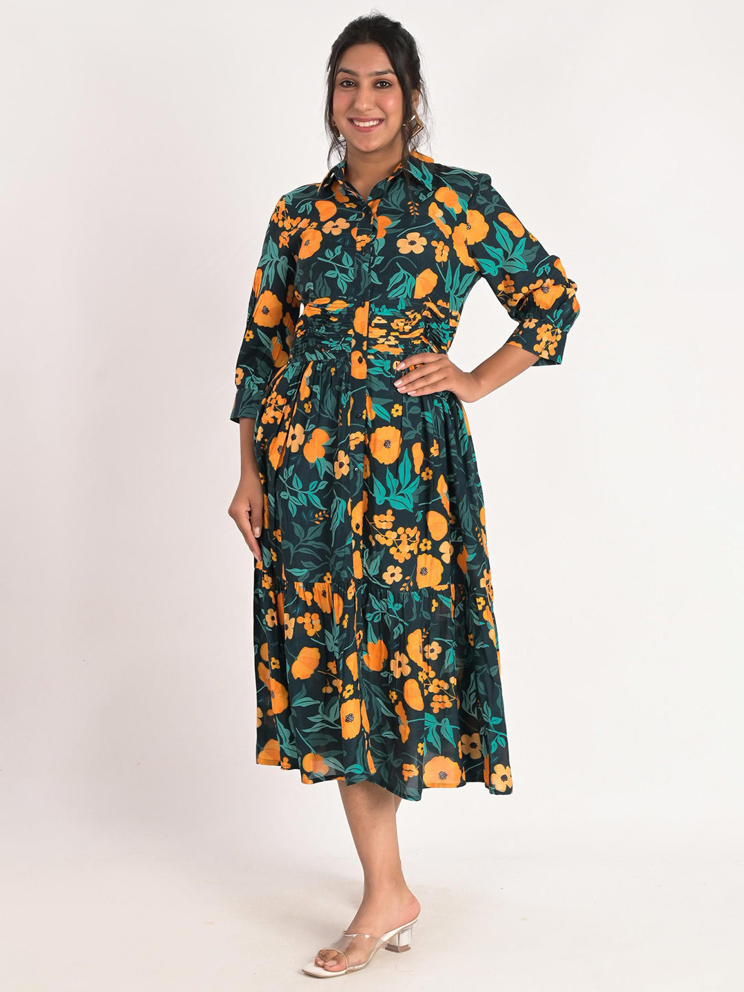 

KIZI Women Floral Print Shirt Collar Cuffed Sleeves Fit and Flared Midi Dress, Blue