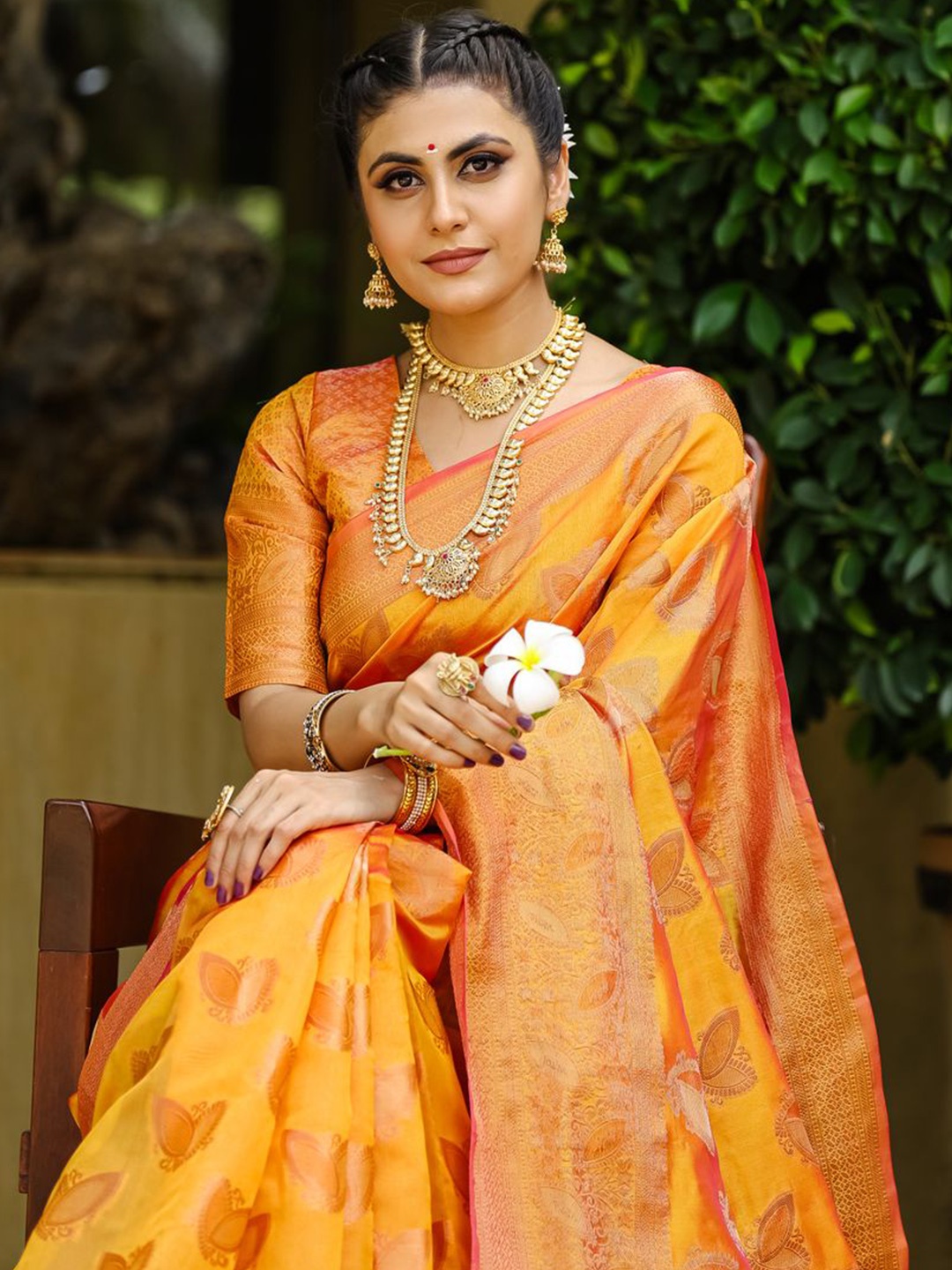

COSBILA FASHION Ethnic Motifs Zari Woven Banarasi Saree, Mustard