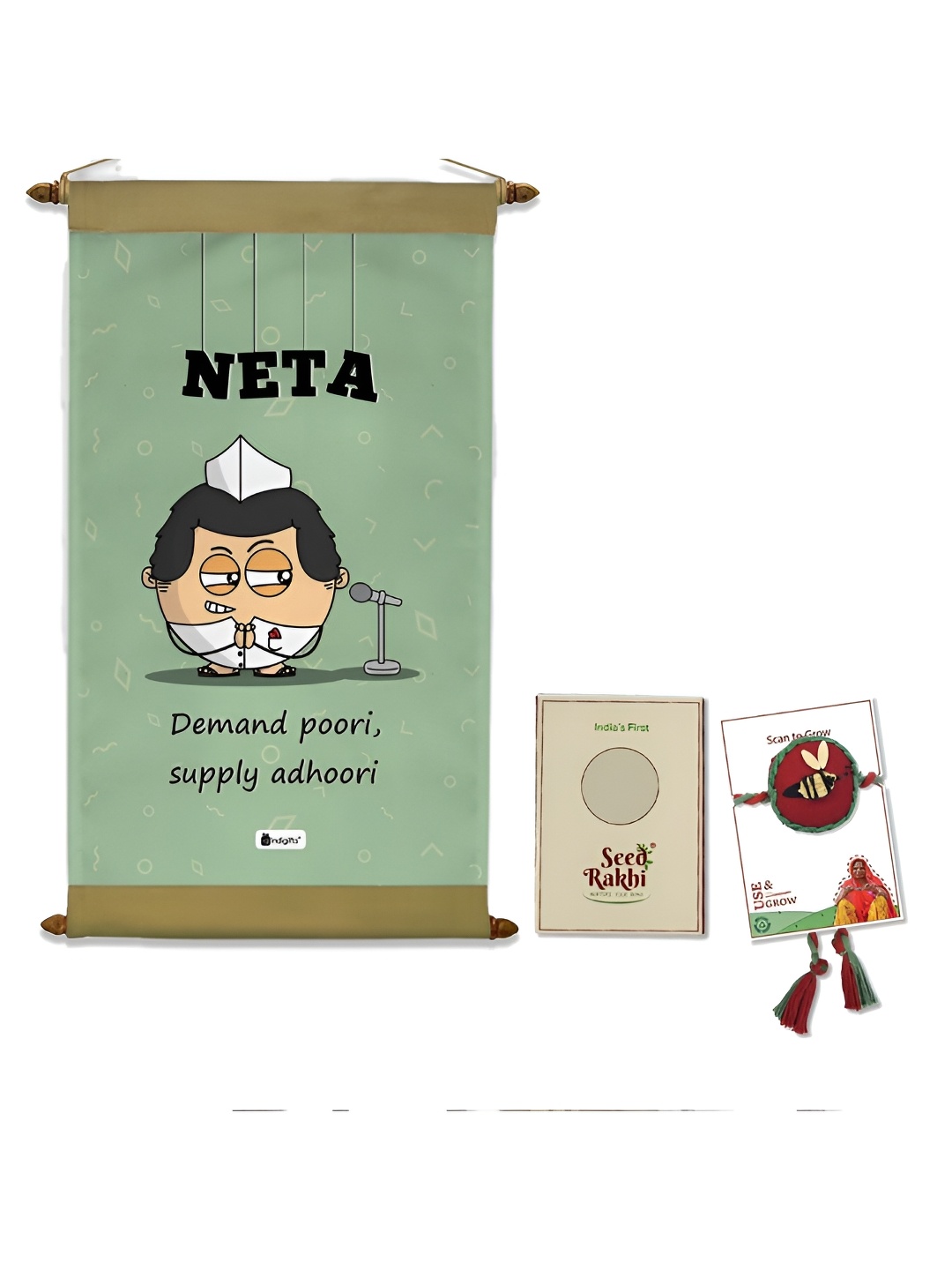 

Indigifts Rakhi With Neta Print Scroll & Seed Gift Set, Green