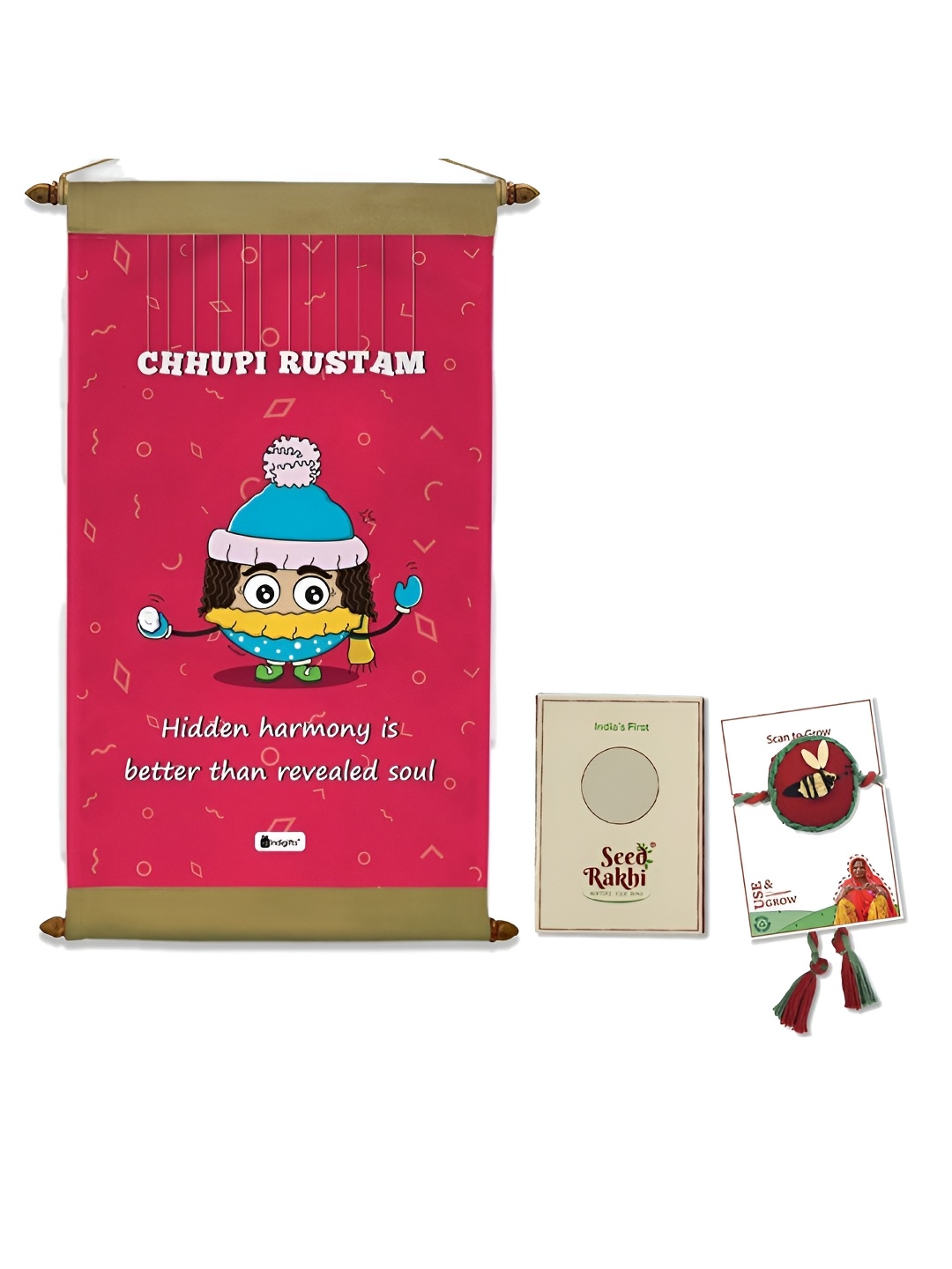 

Indigifts Set Of 2 Seed Rakhi With Chuppi Rustam Scroll, Pink