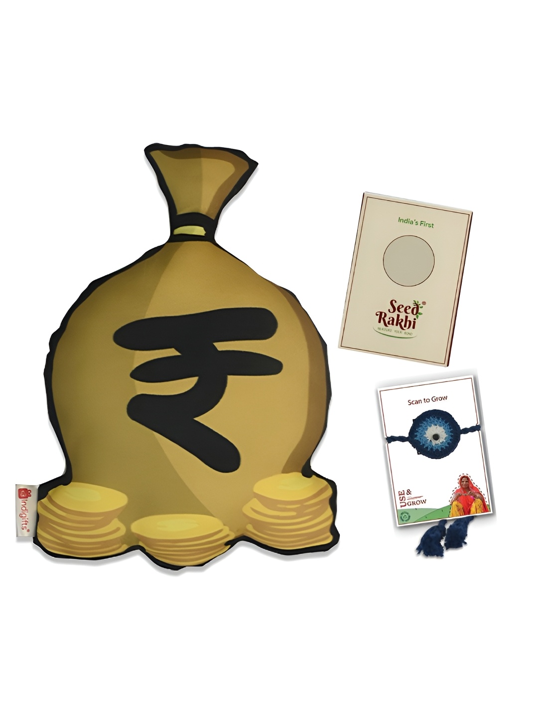 

Indigifts Evil Eye Rakhi & Money Shape Cushion Rakhi Gift Set, Yellow