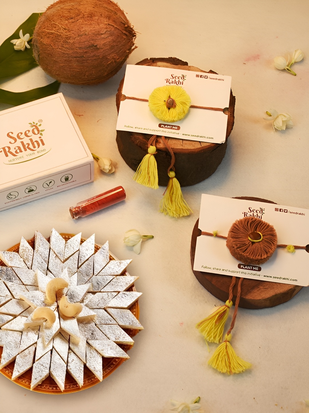 

Indigifts Set Of 2 Eco-Friendly Seed Rakhi With Kaju Katli, Red
