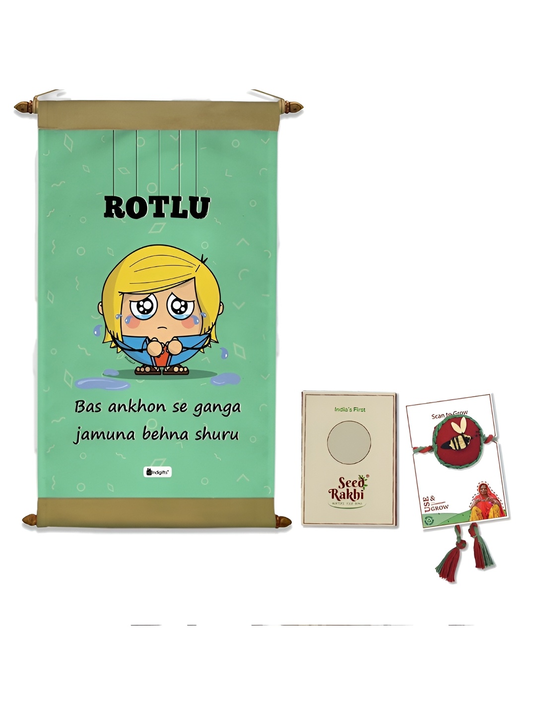 

Indigifts Set Of 2 Bee Charm Rakhi With Rotlu Printed Scroll, Green