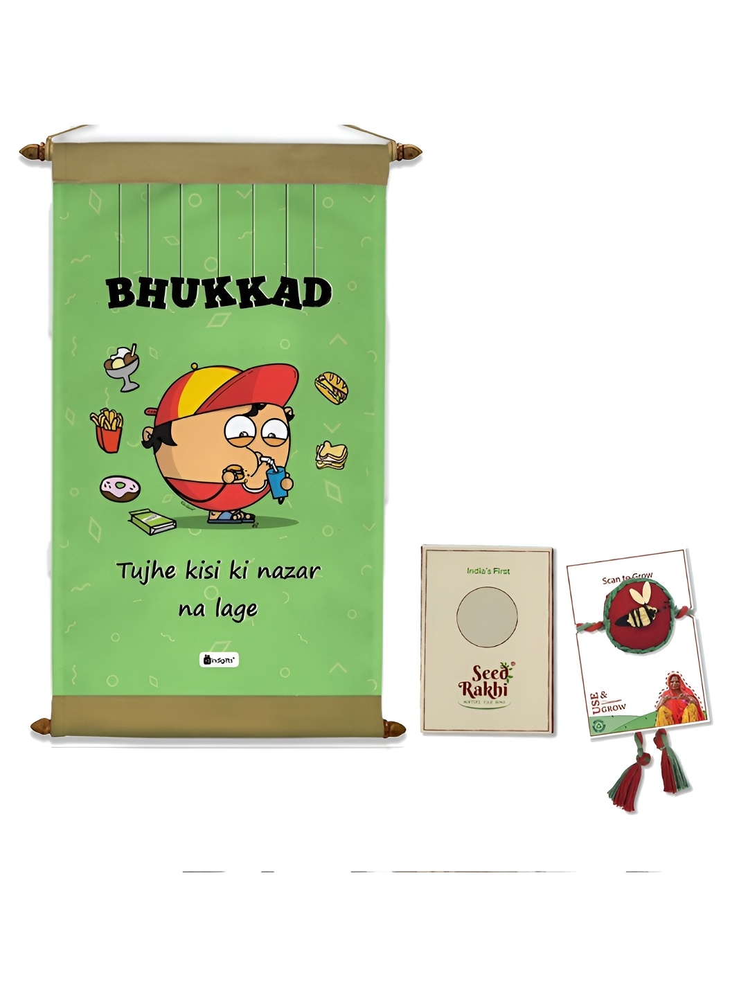 

Indigifts Green & Brown 2 Pieces Bhukkad Scroll With Brother Rakhi Gift Set