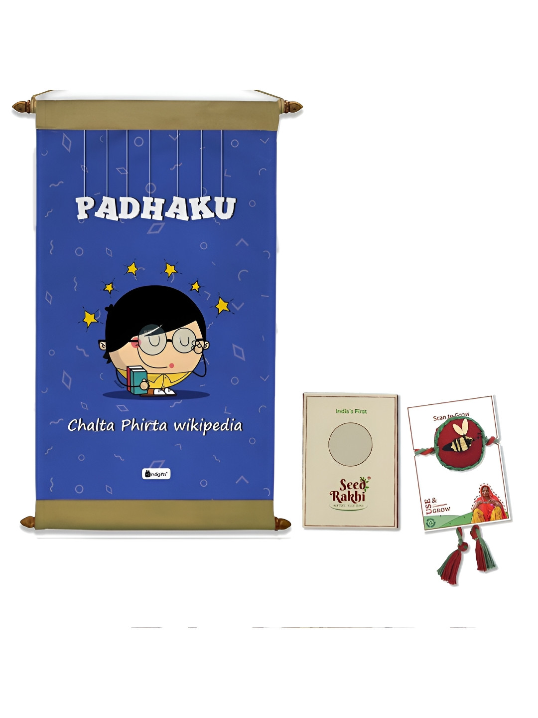 

Indigifts Set Of 2 Seed Rakhi With Printed Scroll, Blue