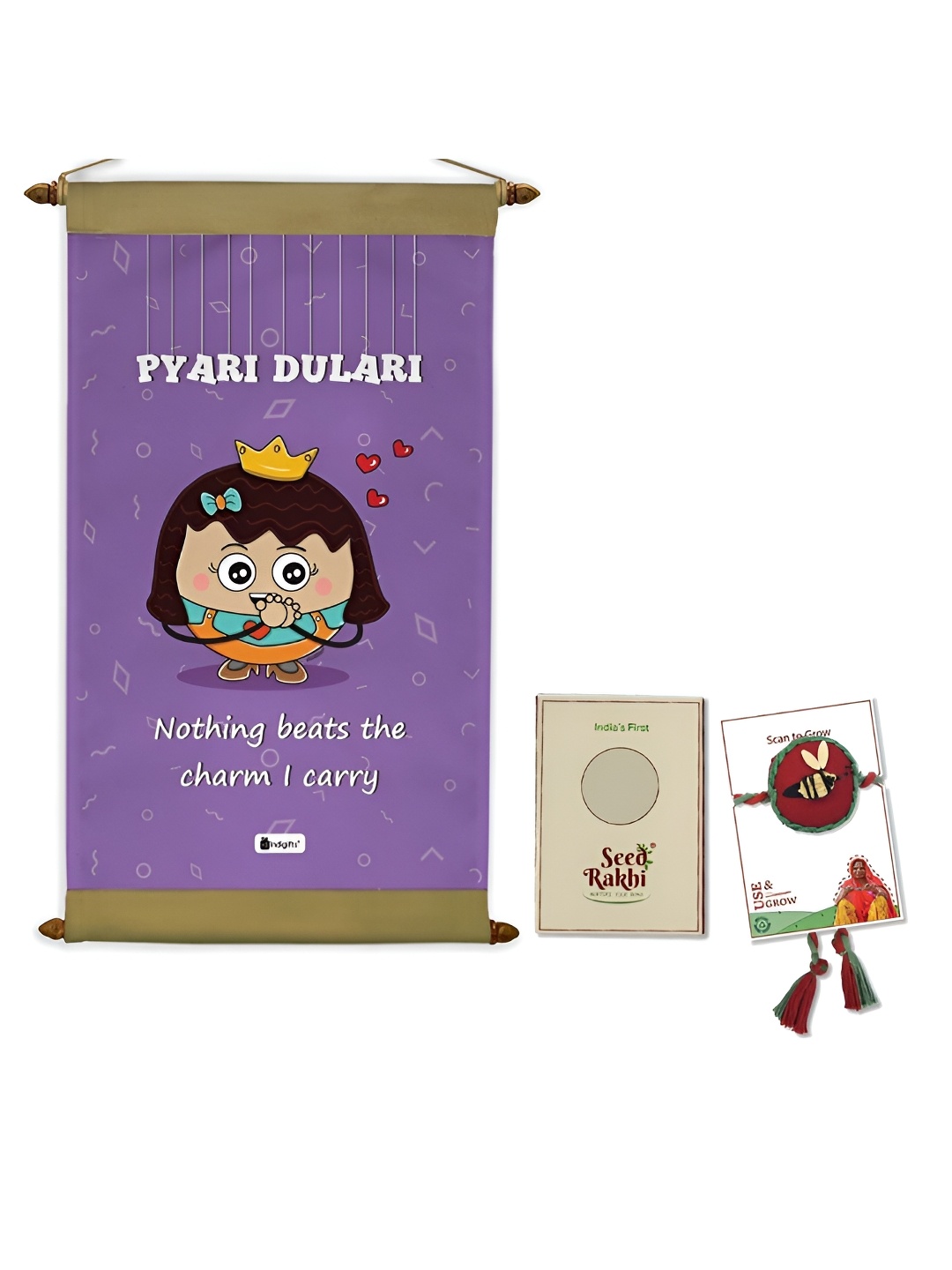 

Indigifts Bee Charm Rakhi With Pyari Dulari Scroll Gift Set, Purple